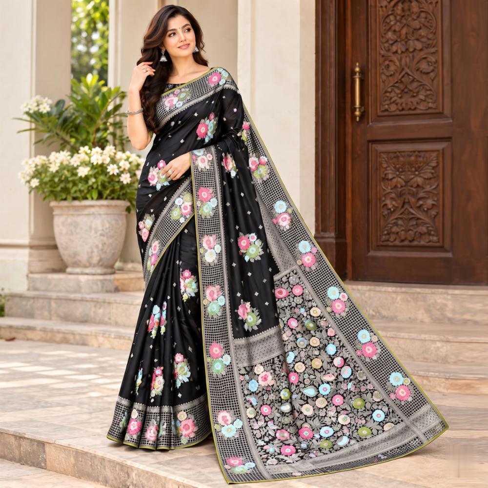 Womenâs Black Pure Khadi Crepe Georgette Saree with Multicolour Floral Butta Design and Rich Pallu