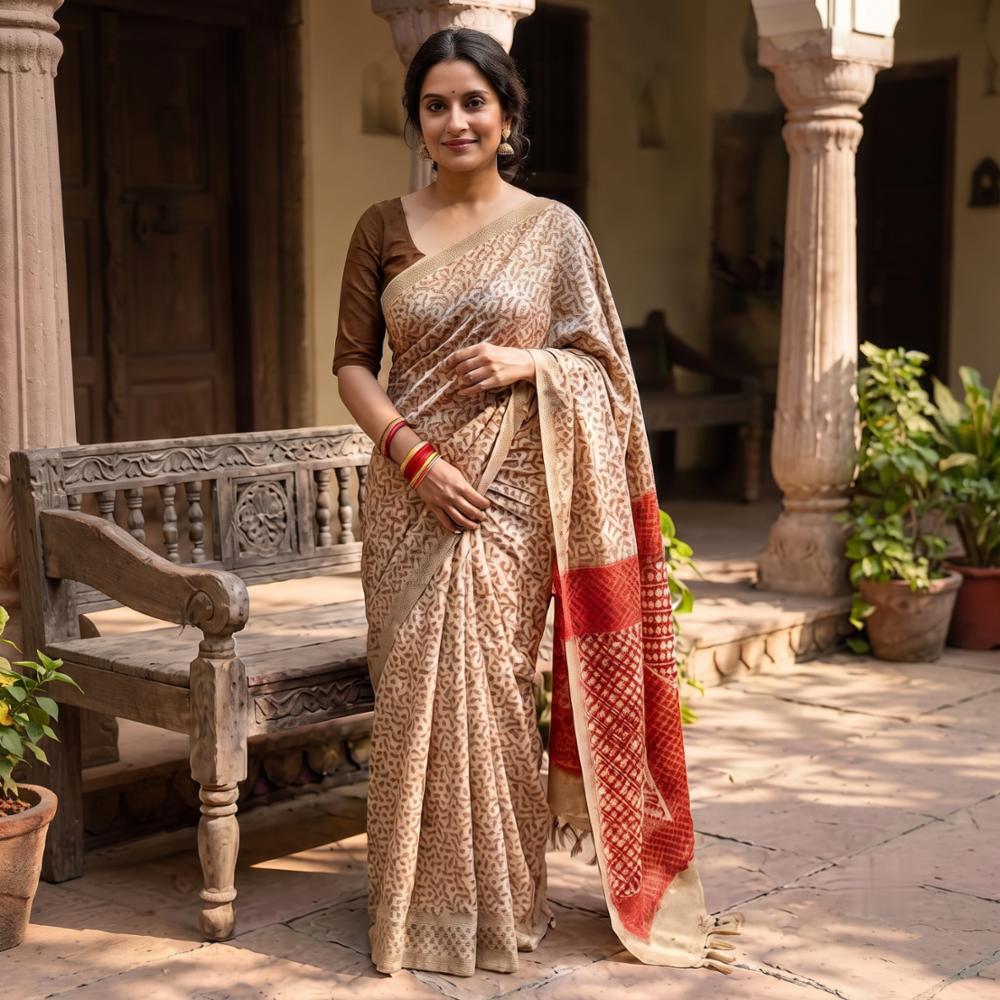 Women's Bagru-Inspired Hand-Block Print Saree with Contrast Red Pallu