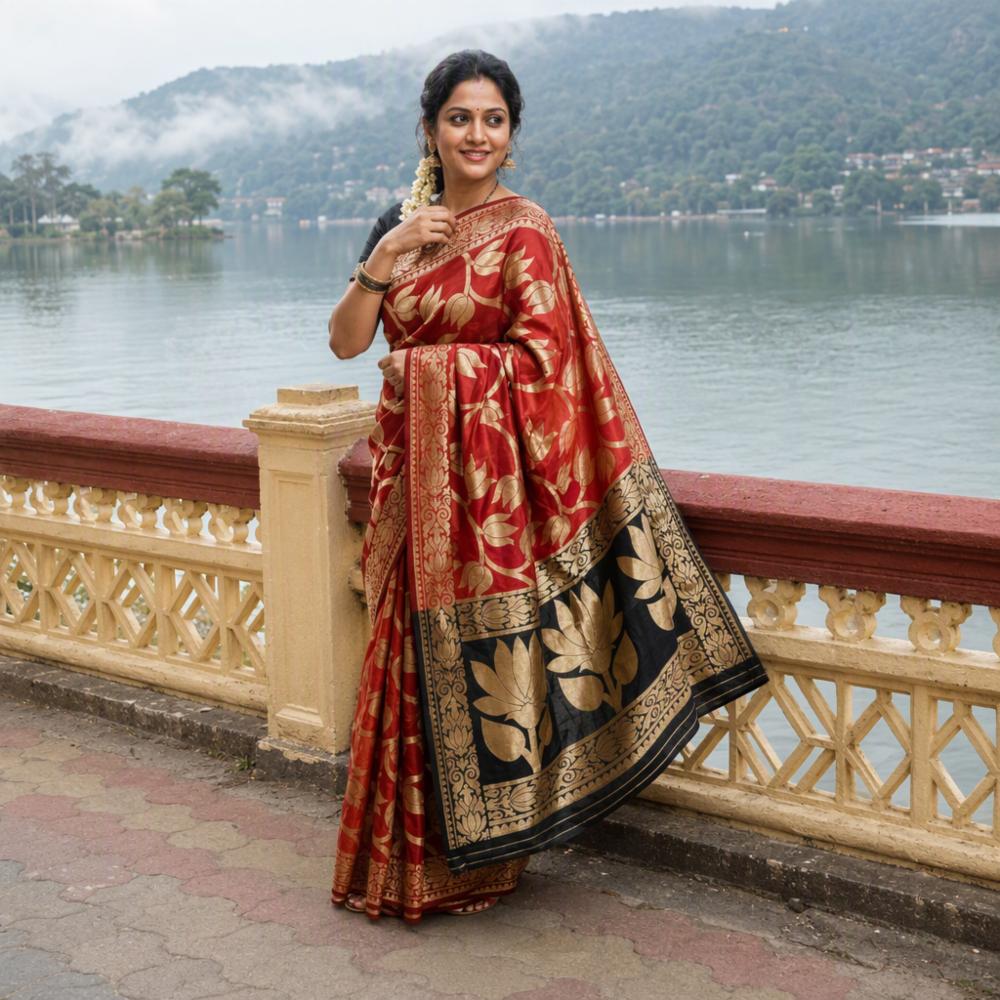 Soft Art Silk (Litchi Silk) Saree with Gold Zari Jacquard Floral Design