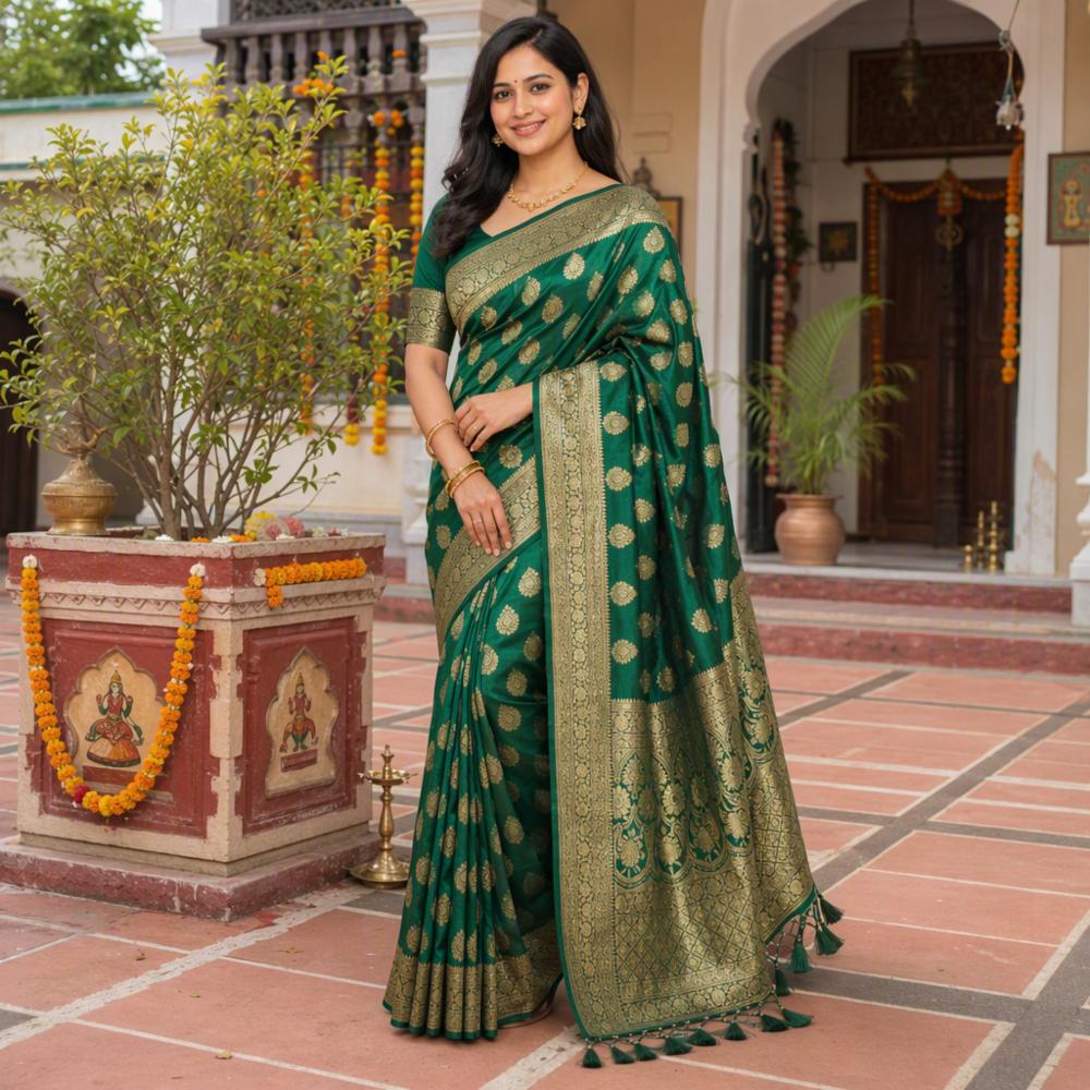 Women's Bottle Green Art Silk Saree with Gold Zari Jacquard Weaving and Heavy Floral Pallu