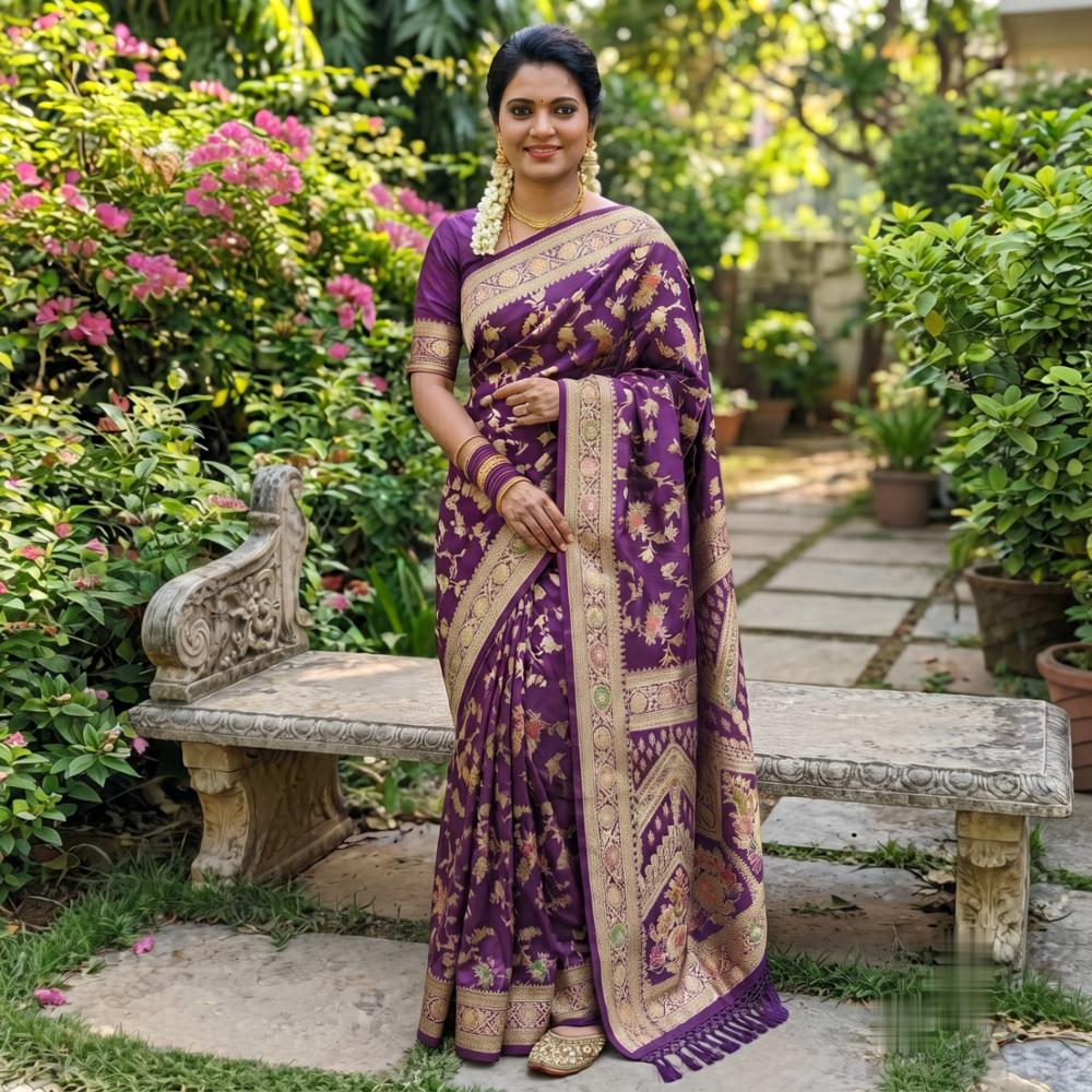 Royal Purple Art Silk Saree with Gold Zari Jacquard, Meenakari Floral Design & Heritage Pallu