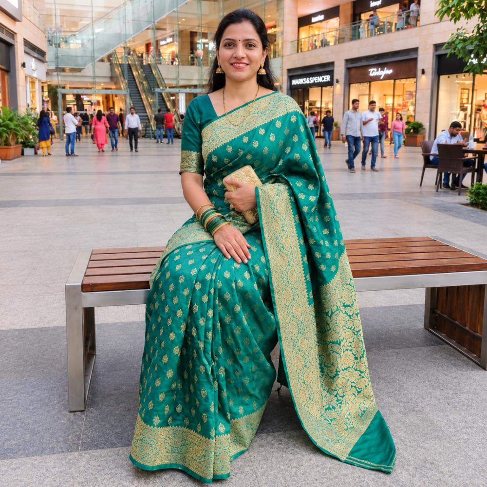 Premium Rama Green Art Silk Saree with Gold Zari Jacquard Weaving