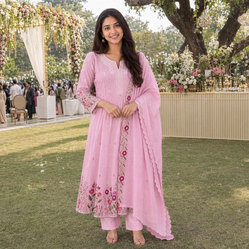 Cotton Silk Pink Floral Embroidered Kurta Set with Dupatta