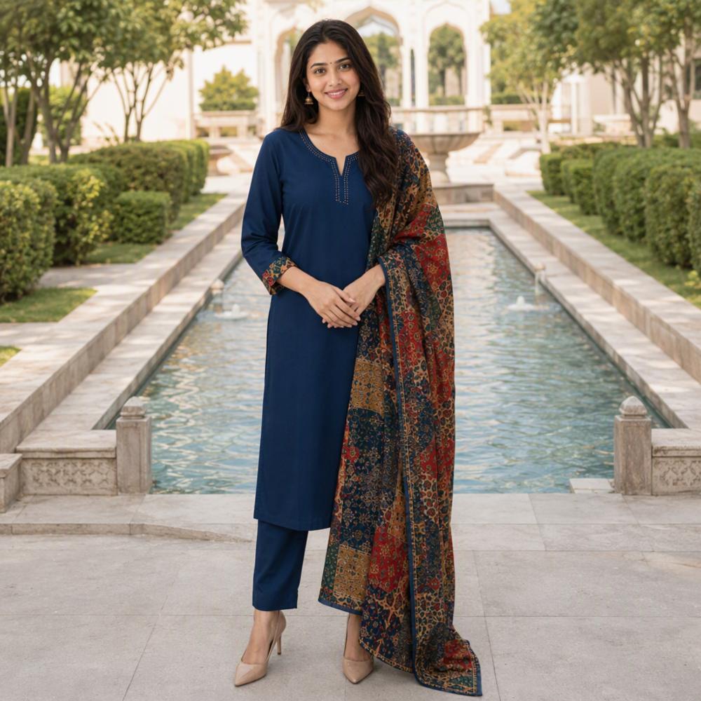 Dhabu Cotton Kurta Set with Ethnic Print and Printed Dupatta