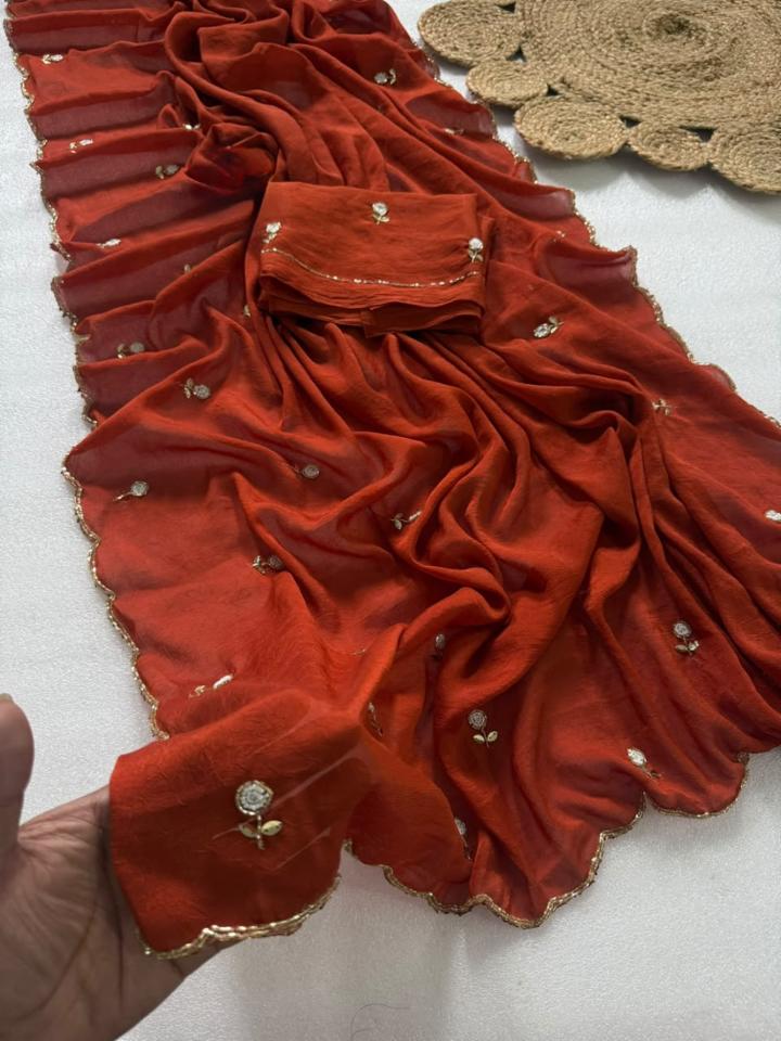 Soft Two-Tone Crush Silk Saree with Cutdana and Moti Work
