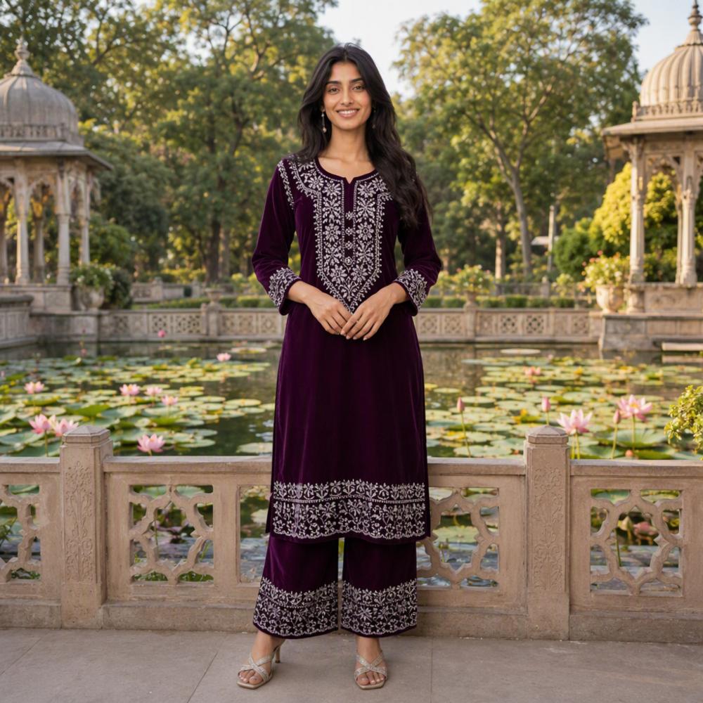 Premium Velvet Chikankari Kurti Palazzo Set