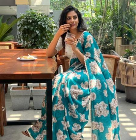 Premium Teal Blue Tabby Silk Digital Printed Saree with Chikankari Lace Border & Mirror Work Blouse