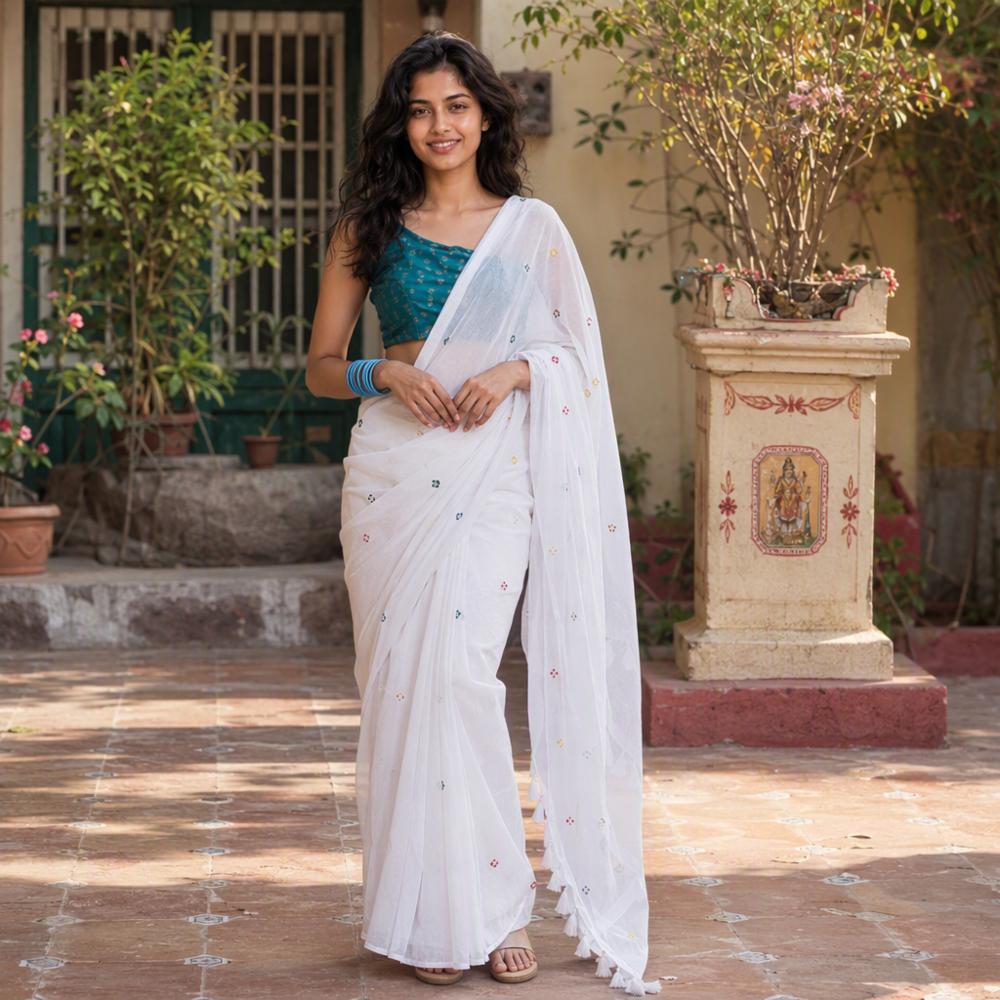Smooth Georgette White Saree with Thread Work, Mirror, Lace Border and Contrast Embroidery Blouse