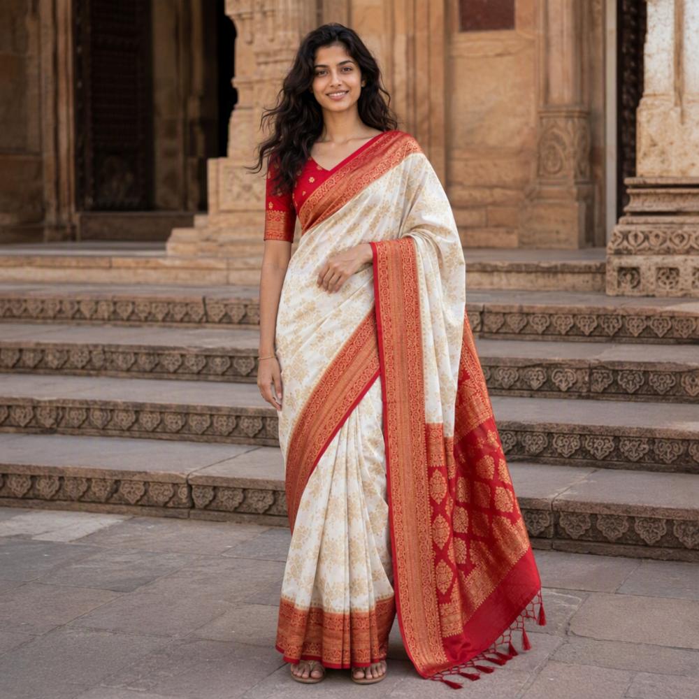 Women's Off-White and Red Pure Khadi Silk Saree with Golden Zari Weaving, Rich Designer Pallu and Decorative Tassels