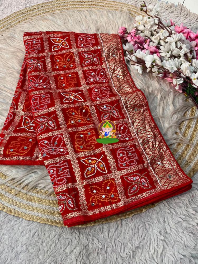 Naveen Fashion Women's Red Dola Viscose Saree with Heavy Bandhej Work, Cutdana, Moti, Mirror Work & Rich Designer Pallu