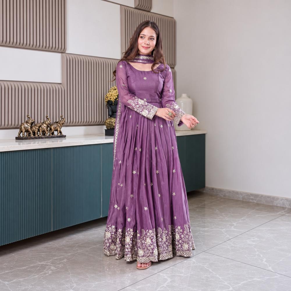 Heavy Diamond Silk Embroidered Gown with Dupatta