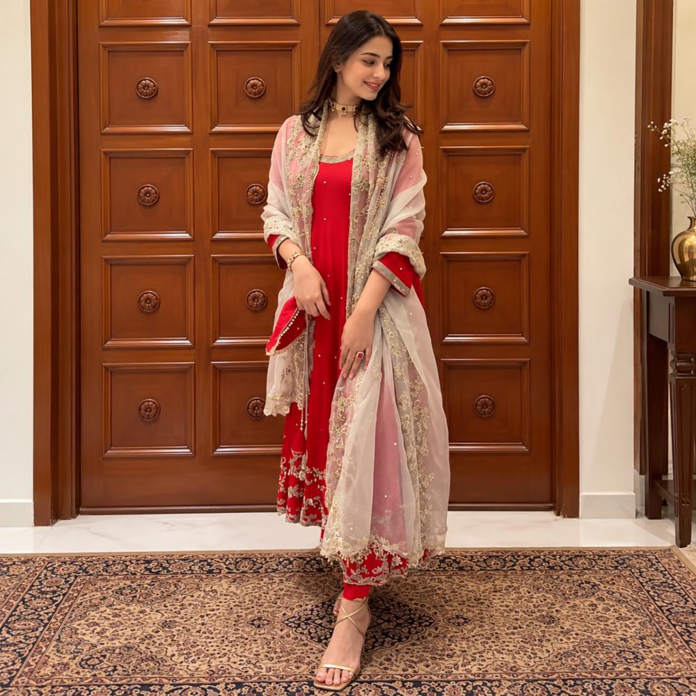 Heavy Fox Georgette Embroidered Gown Set with Dupatta and Pant