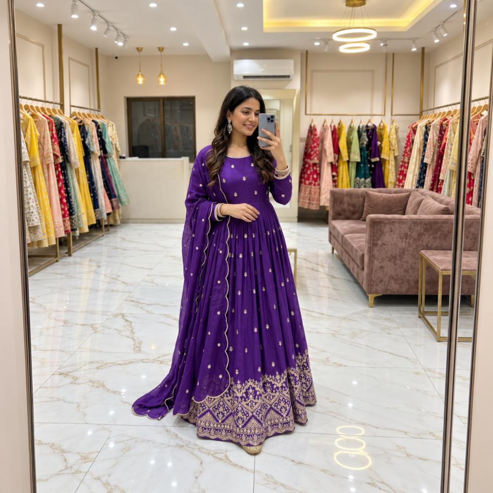 Pure Chinnon Silk Embroidery Gown Set with Mirror Work
