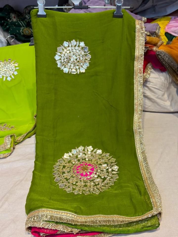 Annapurna Fashion Parrot Green Pure Chiffon Saree with Heavy Mirror Work & Golden Lace Border