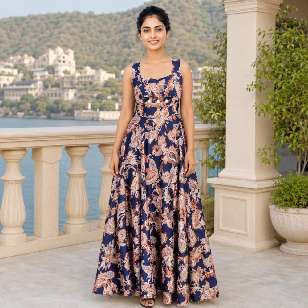 Women's Navy Blue Multicolor Printed Polyester Maxi Dress