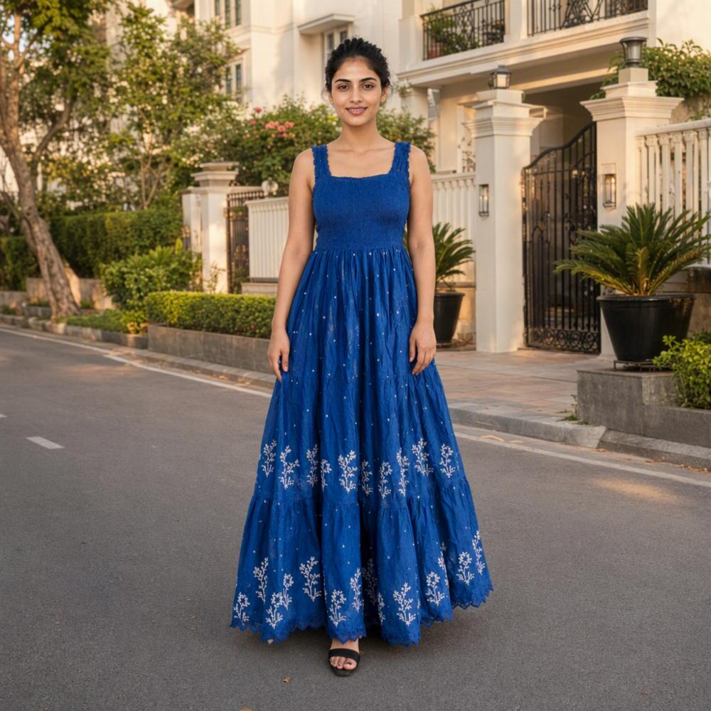Womenâs Blue Cotton Embroidered Sleeveless Maxi Dress
