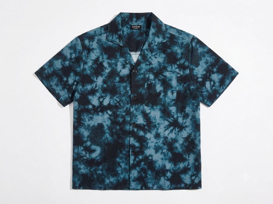 Men's Dark Teal & Black Tie-Dye Short Sleeve Cuban Collar Casual Shirt