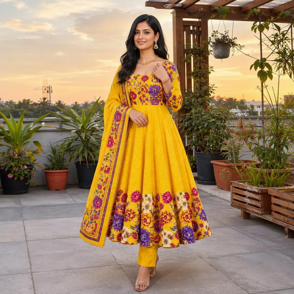 Women's Floral Tabby Organza Anarkali Gown Suit Set with Matching Micro Pant and Dupatta
