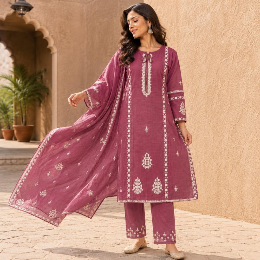Womenâs Premium Pure Cotton Kurta Pant Set with Embroidered Dupatta
