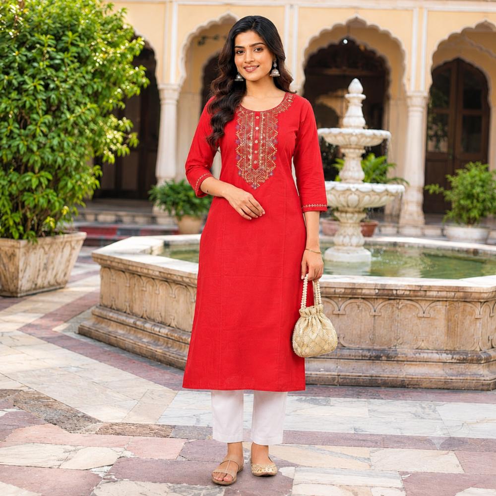 Women's Red Cotton Kurta Pant Set with Designer Embroidered Neckline and Full Sleeves