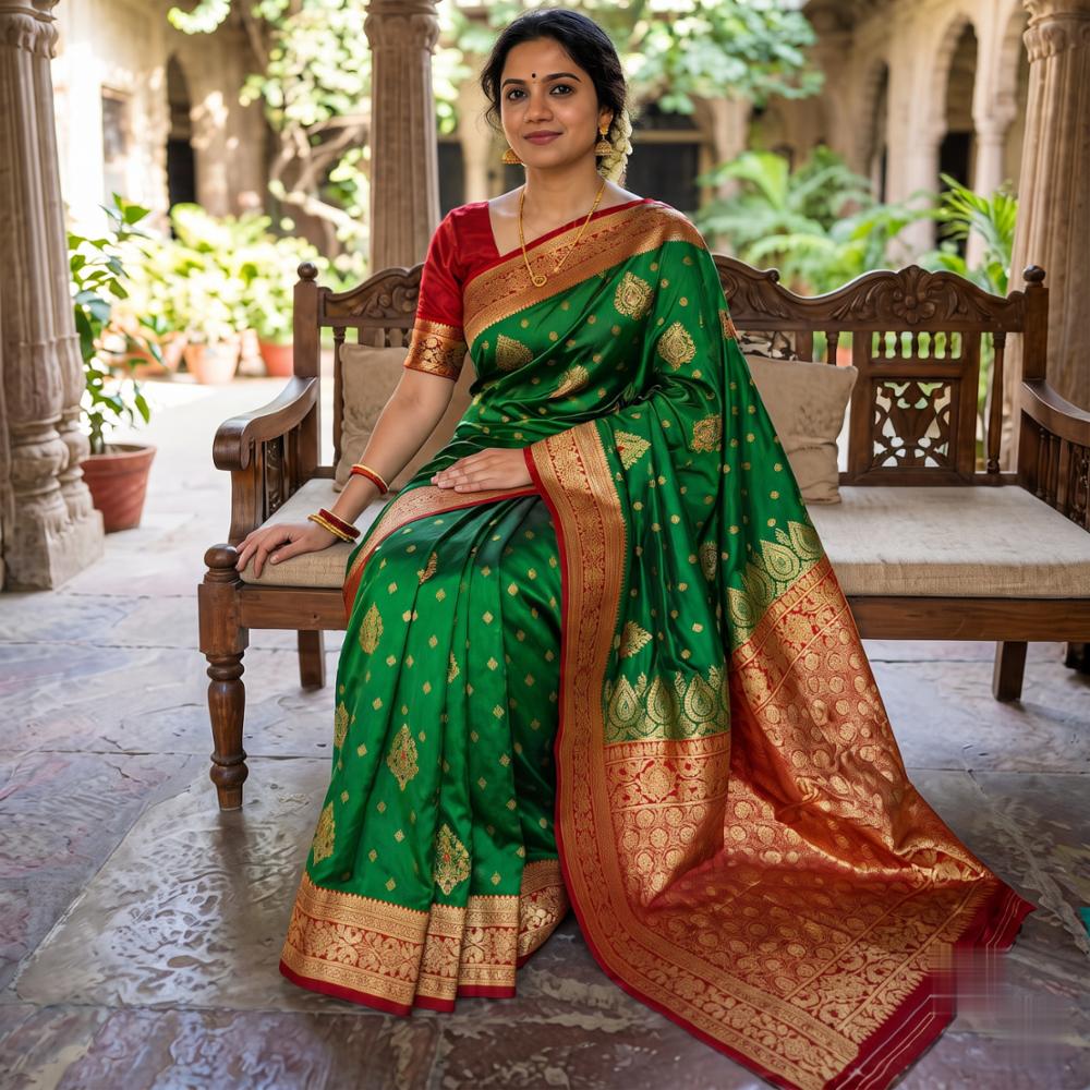 Women's Emerald Green and Red Banarasi Silk Saree with Heavy Golden Zari Border, Traditional Buti Motifs and Designer Pallu