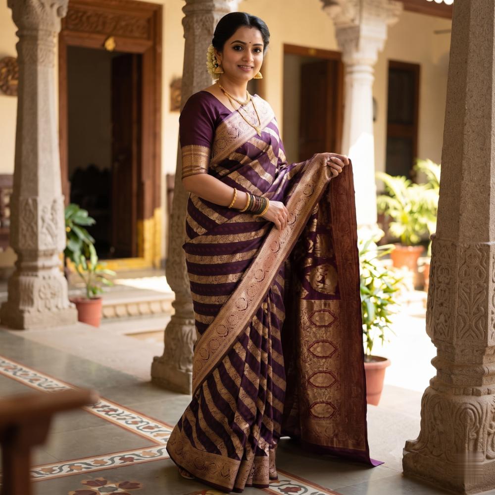 Wine Purple Banarasi Leheriya Silk Saree with Rich Golden Zari Border
