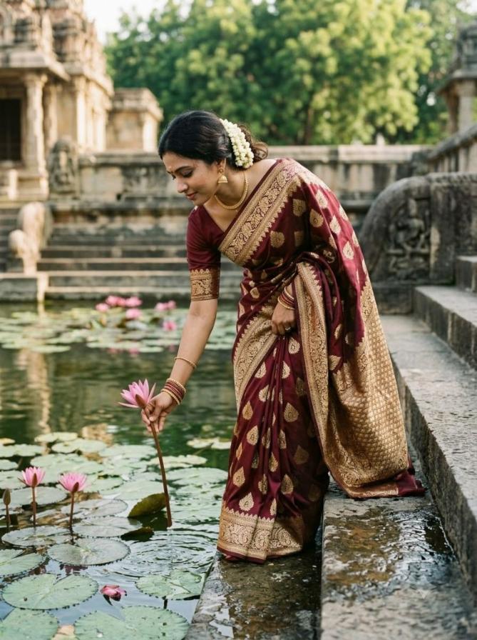 Premium Maroon Banarasi Silk Saree with Golden Zari Paisley Motifs