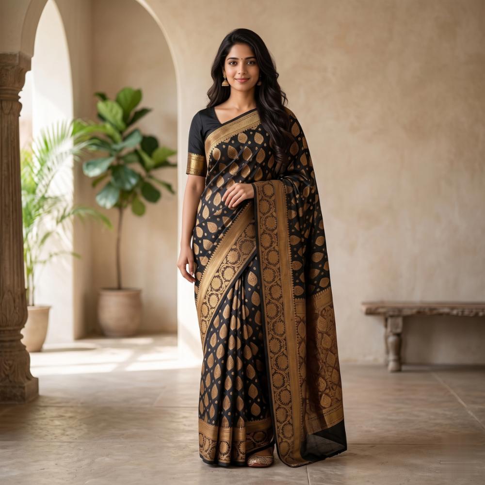 Black Banarasi Silk Saree with Golden Zari Paisley Motifs and Floral Border
