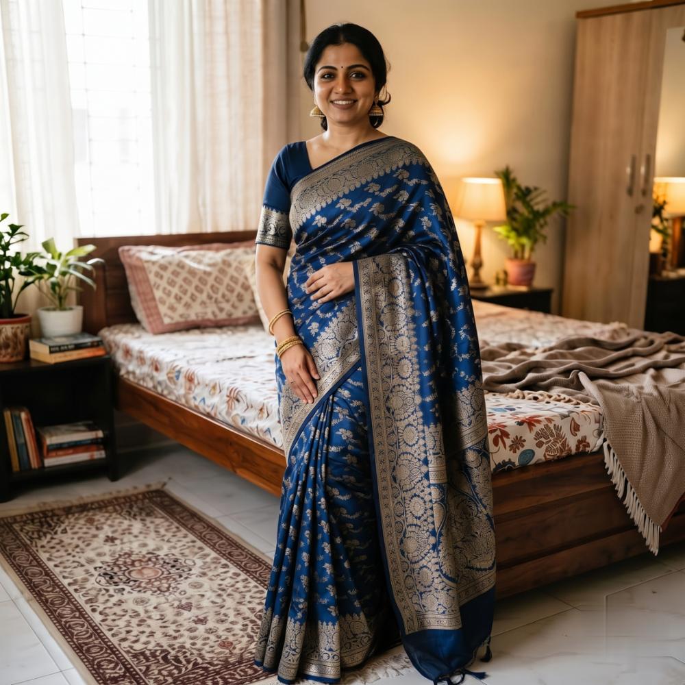 Royal Blue Banarasi Silk Saree with Heavy Golden Zari Pallu