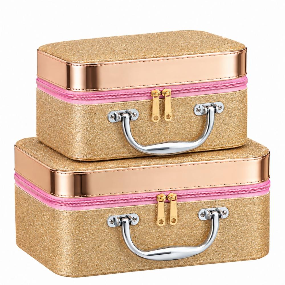 Golden Glitter Hard-Shell Vanity Box Set with Pink Zipper for Women & Girls
