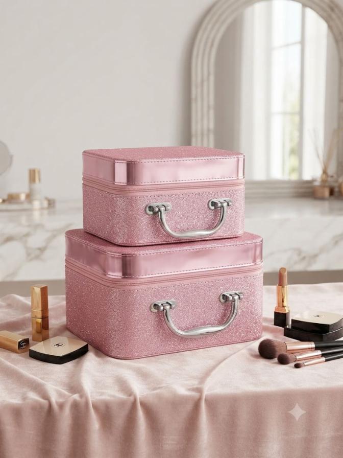 Women's Pink Glitter Hard-Shell Vanity Box Set for Makeup and Travel