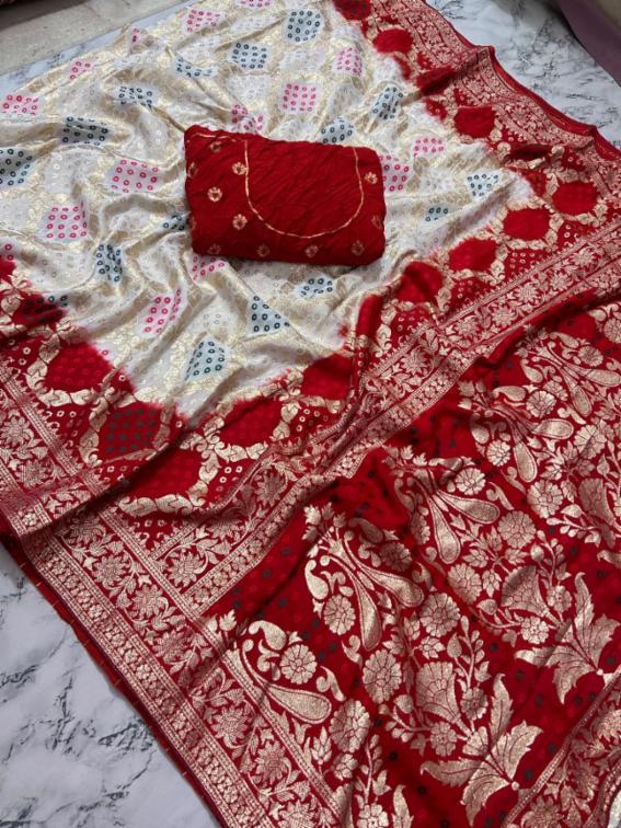 Dola silk zari fabric saree with artificial bhandhej print 