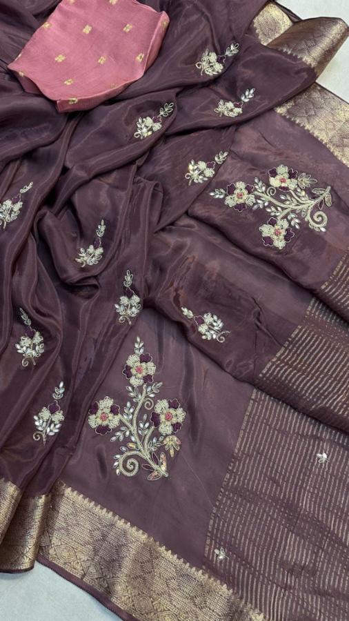 H.O. Fabric Designer Saree with Handwork Buti & Heavy Latkans