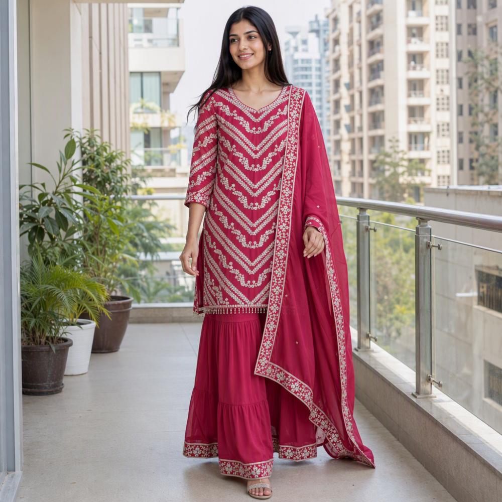 Heavy Mirror Work Embroidery Suit with Georgette Shirt Sharara and Dupatta