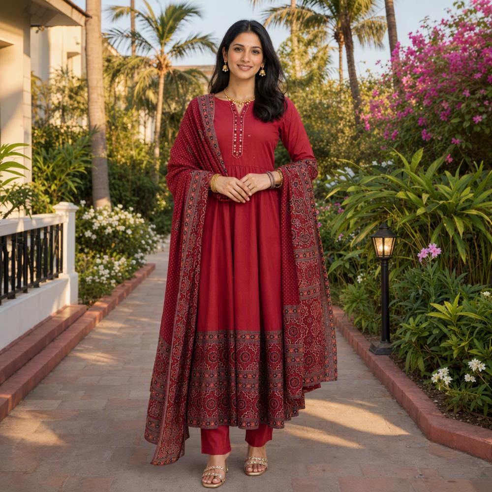 Cotton Anarkali Dress Set with Hand Embroidery