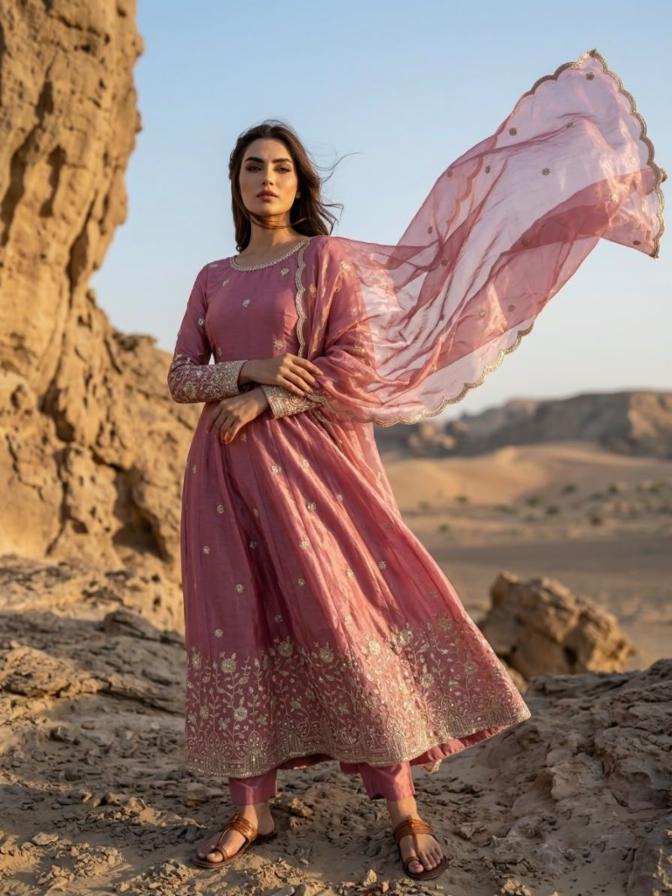 Fendy Silk Embroidered Women's Gown Set