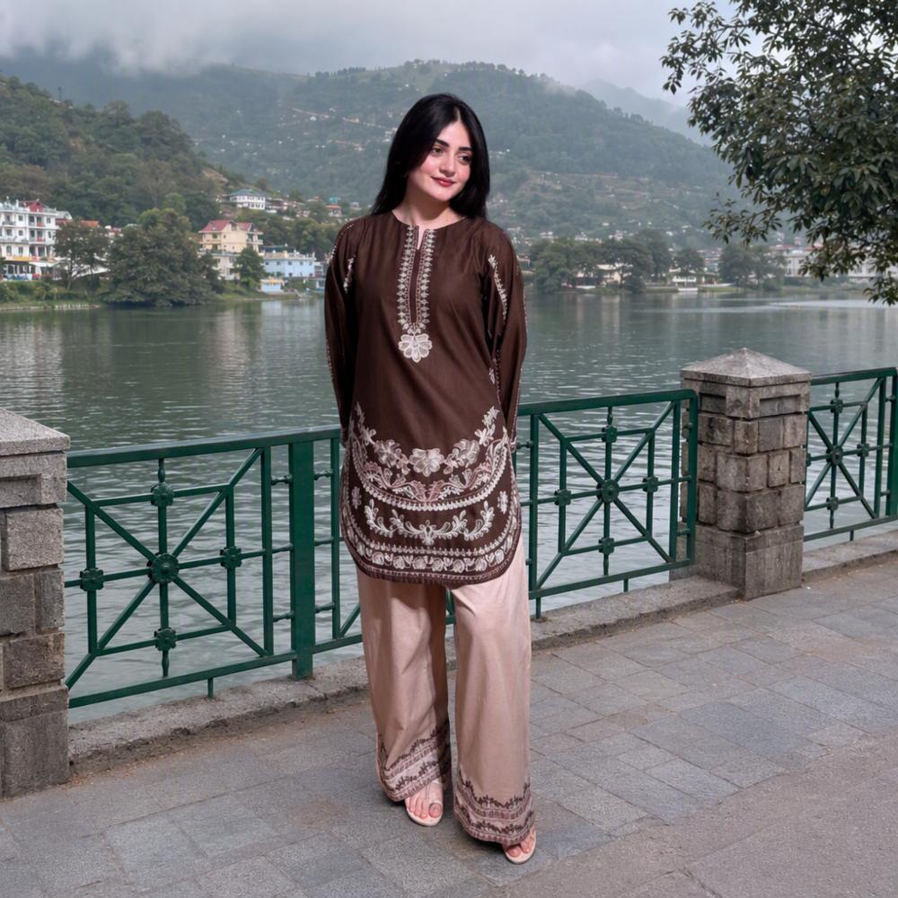 Party Wear Roman Silk Embroidered Suit with Farsi Palazzo