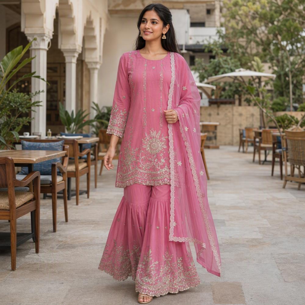Kurti Palazzo Dupatta Set Heavy Star Georgette Silk Embroidery Work