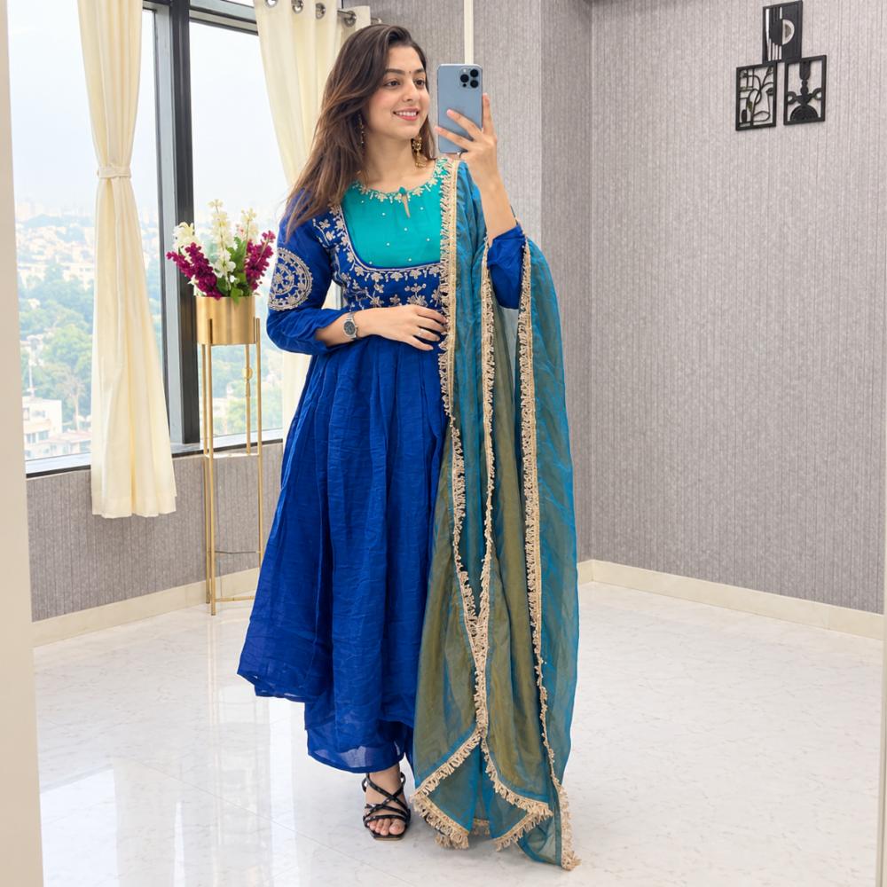 Mull Chanderi Embroidered Anarkali Set with Pant and Dupatta