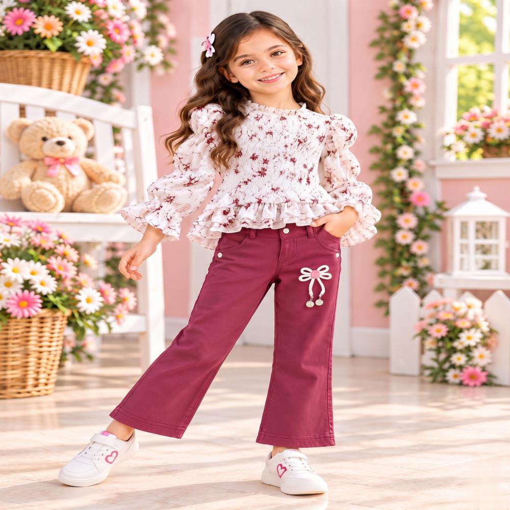 Girls Western Wear Top with Denim Jeans Set - Floral Georgette Top and Wine Denim Pants