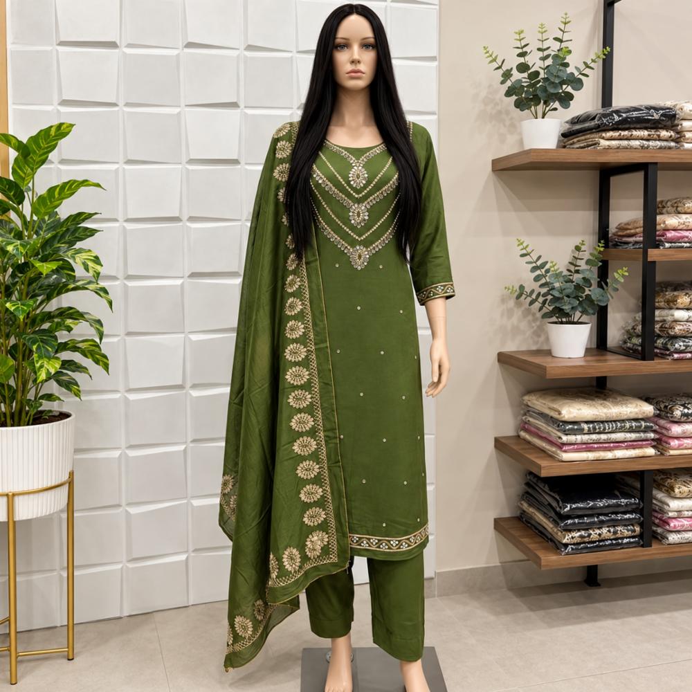 Cotton Unstitched Suit With Neck Embroidery & Embroidered Dupatta