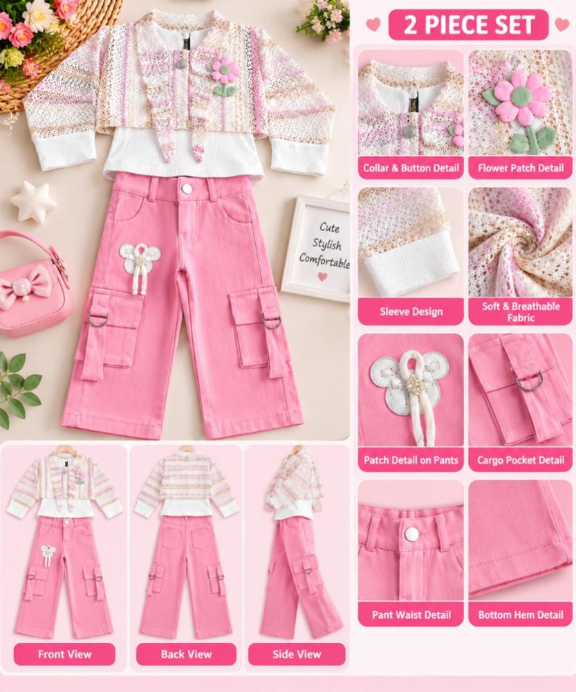 Girls' Pink Cargo Pants Set with Floral Embellished Top & Jacket
