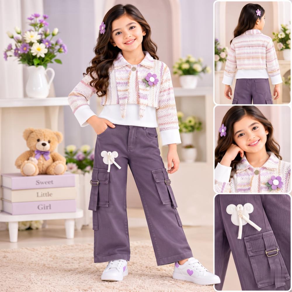 Girlsâ Stylish Printed Jacket Top with Cargo Denim Pants - Trendy 2-Piece Western Wear Set