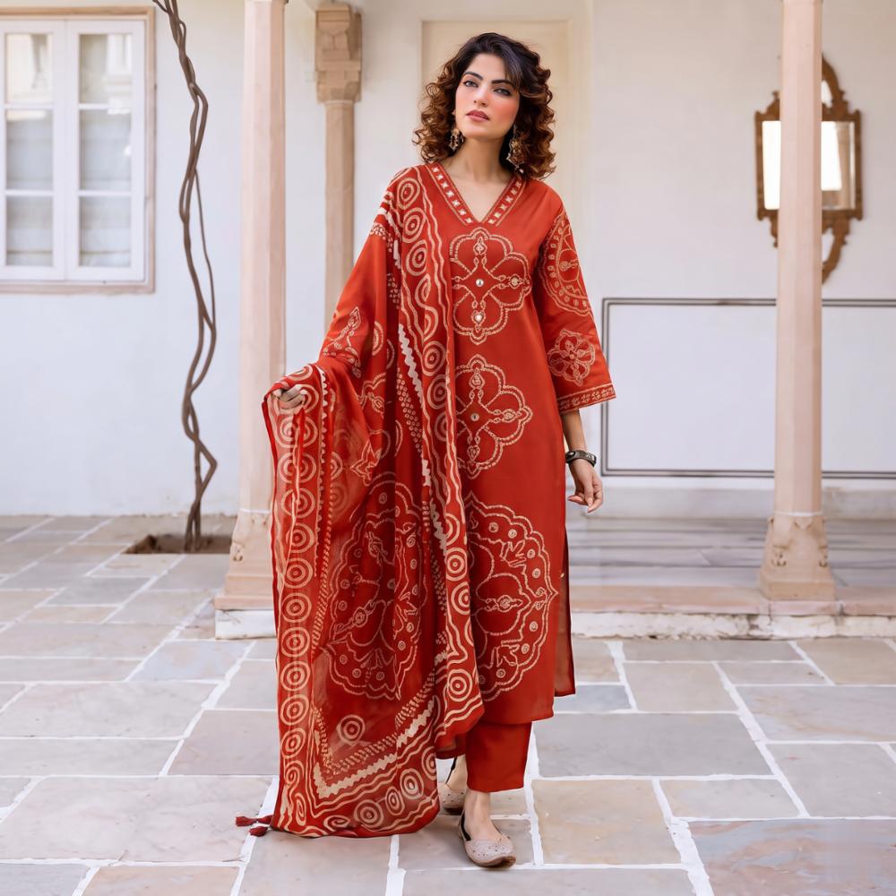 Womenâs Premium Cotton Bandhani Print Suit Set â Heavy Neck Handwork