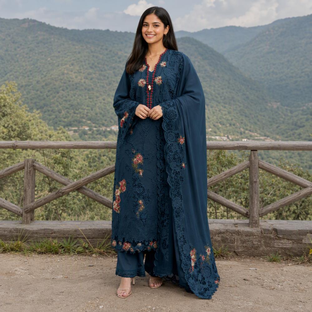 Premium Unstitched Cambric Cotton Embroidered Suit Set