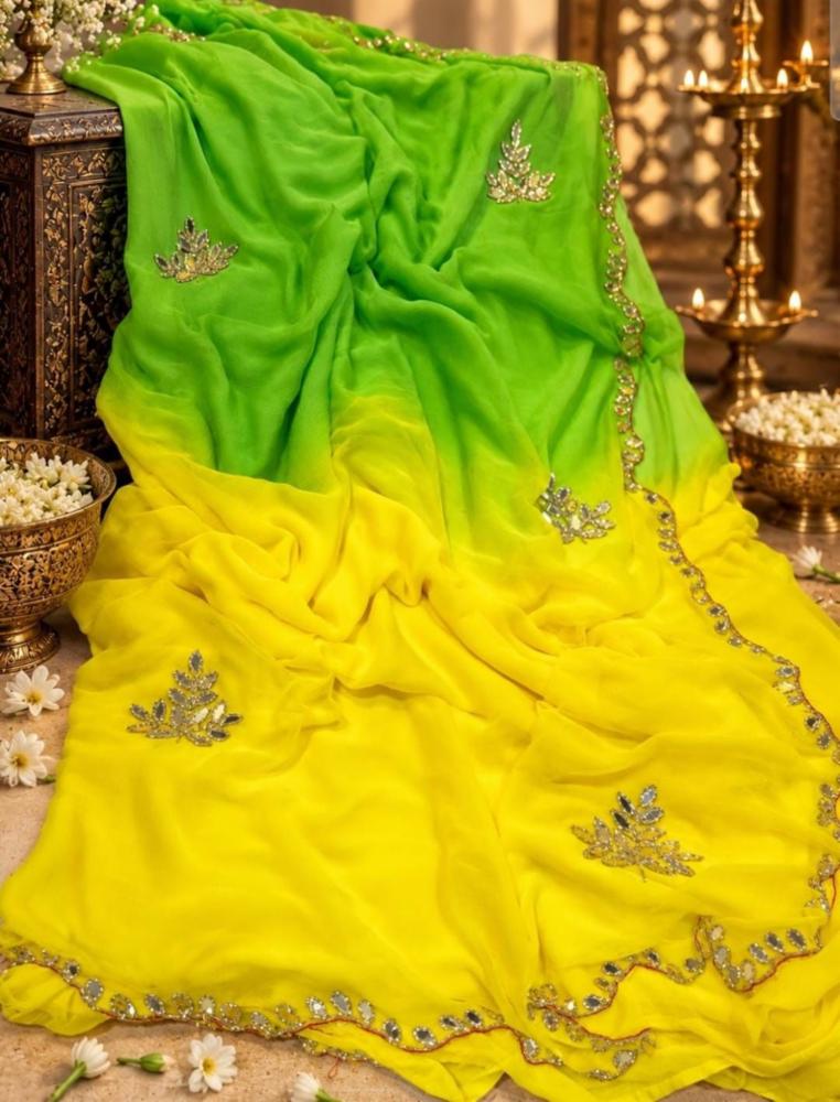 Luxury Semi-Chiffon Saree with Heavy Katdana Handwork & Designer Butti