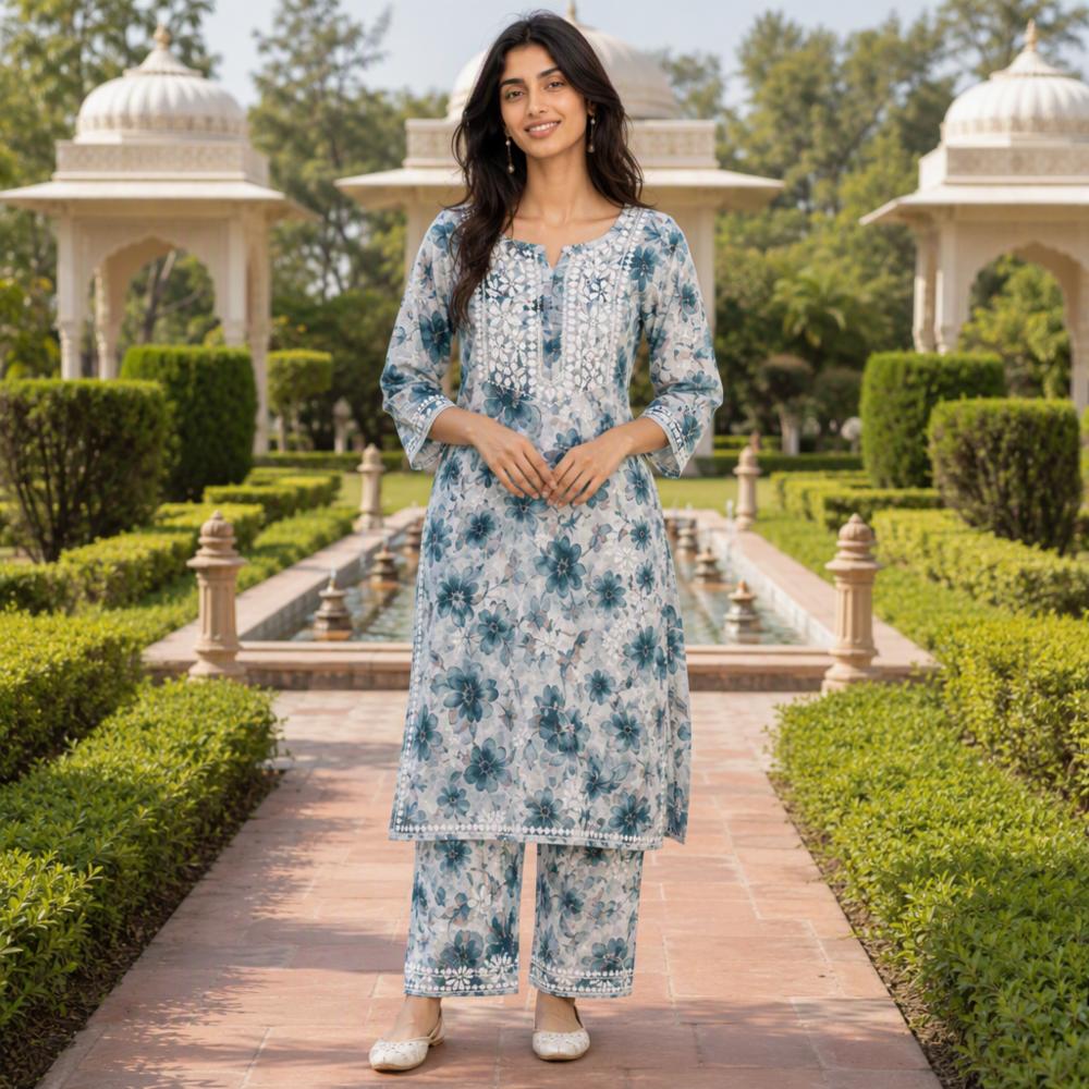 Womenâs Premium Mulmul chikankari Kurti Palazzo Set