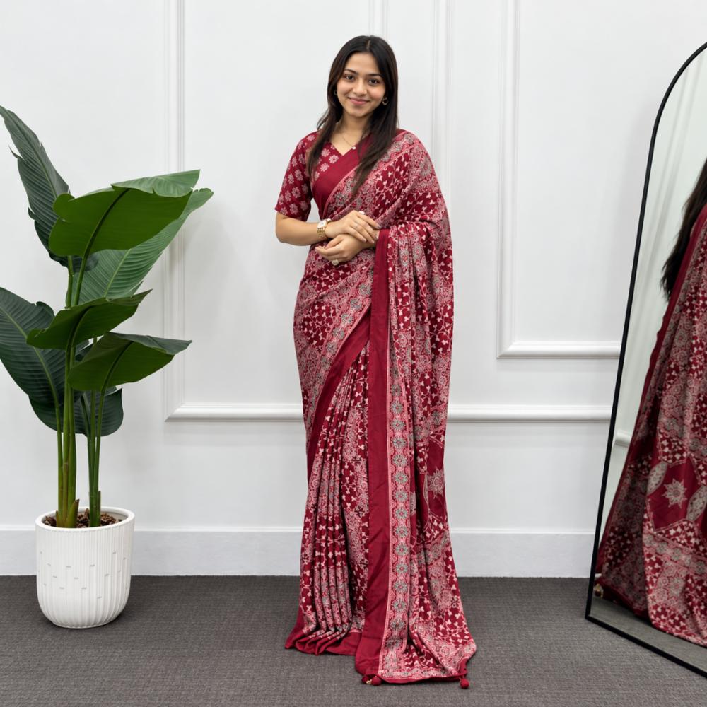 Crepe Silk Printed Saree with Heavy Latkan and Blouse Piece