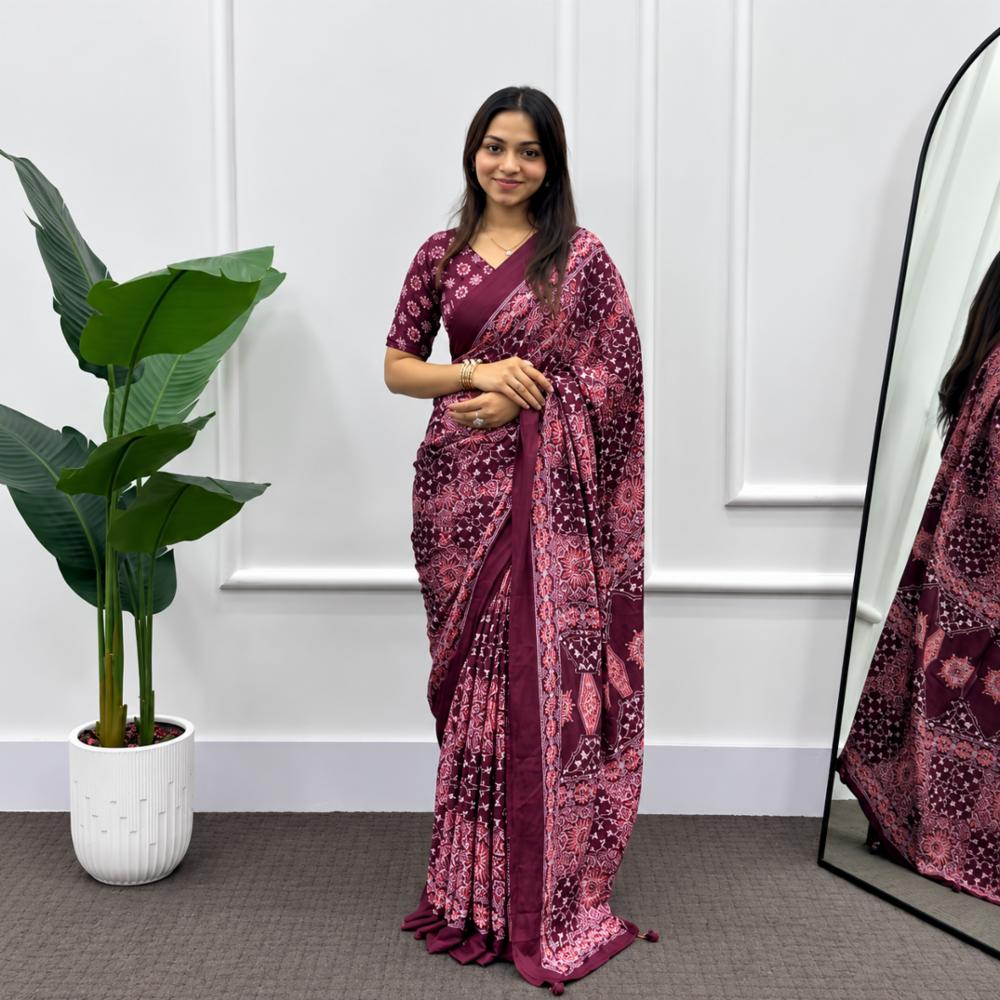 Premium Crepe Silk Saree with Printed Design and Latkan