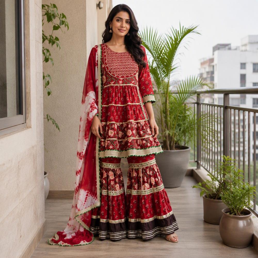 Women Designer Cotton Sharara Suit Set With Gota Patti Dupatta